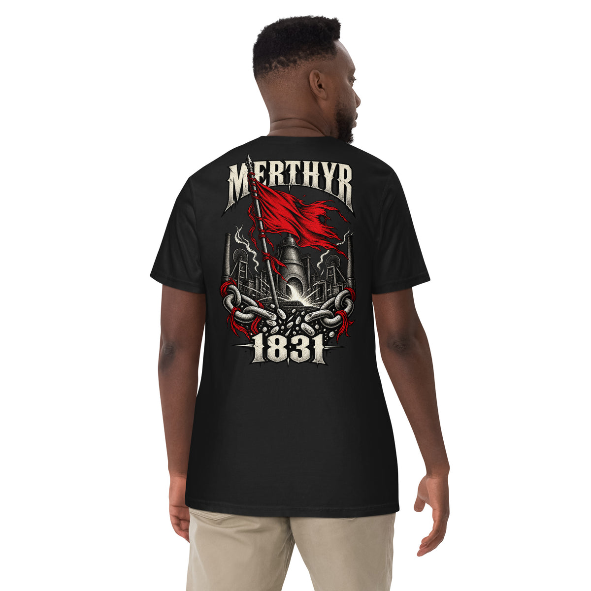 Back view of black Corrupt Couture Merthyr Rising heavyweight T-shirt