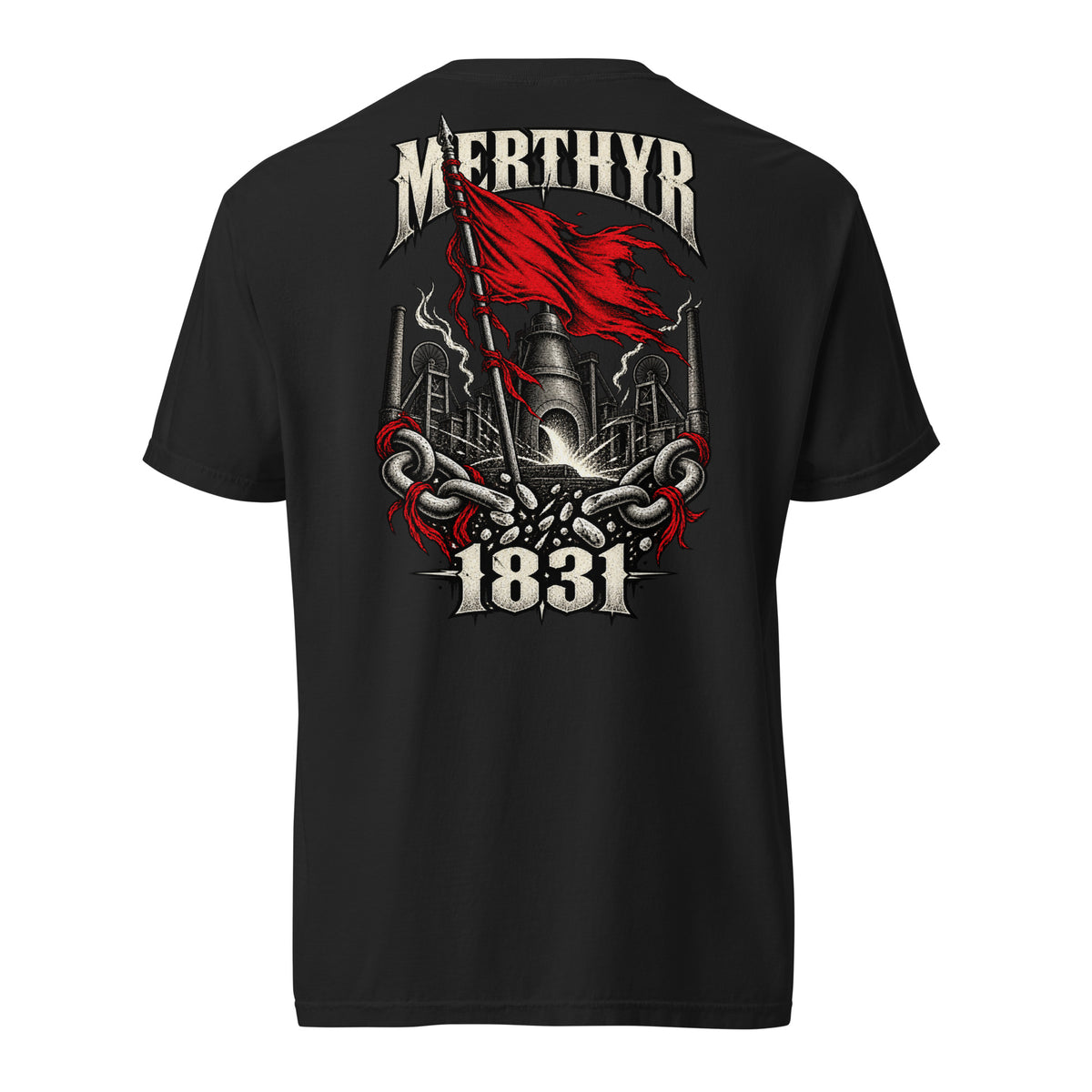 Back view of black Corrupt Couture Merthyr Rising heavyweight T-shirt
