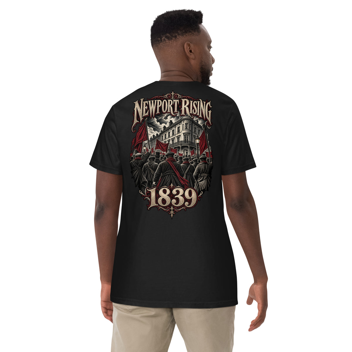 Back view of black Corrupt Couture Newport Rising heavyweight T-shirt