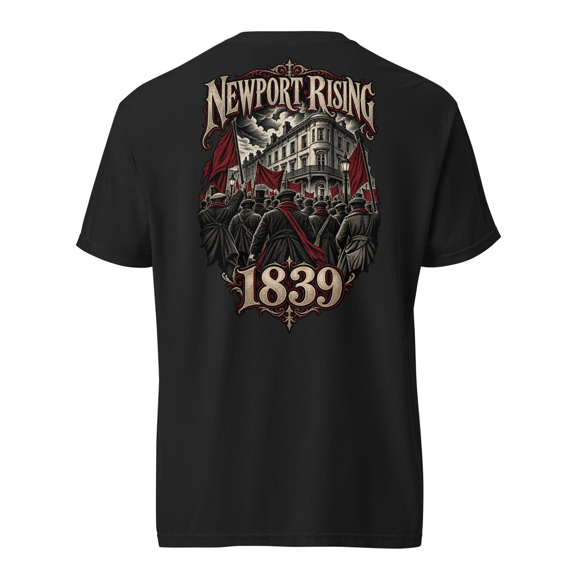 Back view of black Corrupt Couture Newport Rising heavyweight T-shirt