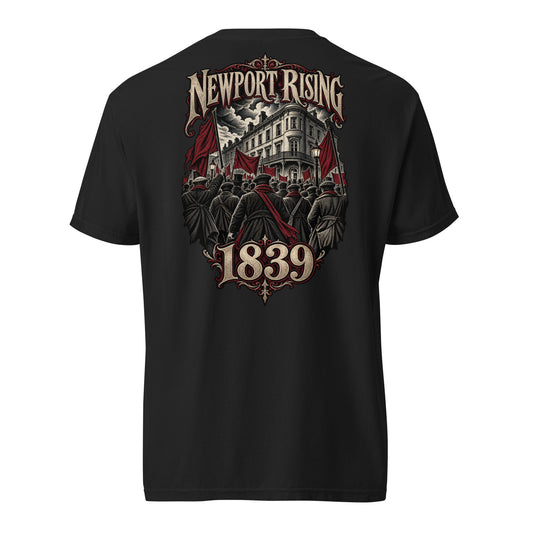 Back view of black Corrupt Couture Newport Rising heavyweight T-shirt