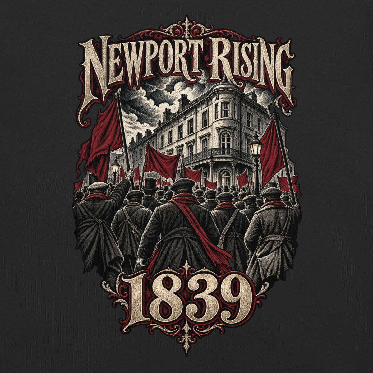 Back view of black Corrupt Couture Newport Rising heavyweight T-shirt