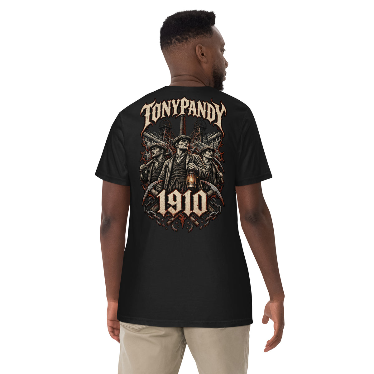 Back view of black Corrupt Couture Tonypandy 1910 heavyweight T-shirt