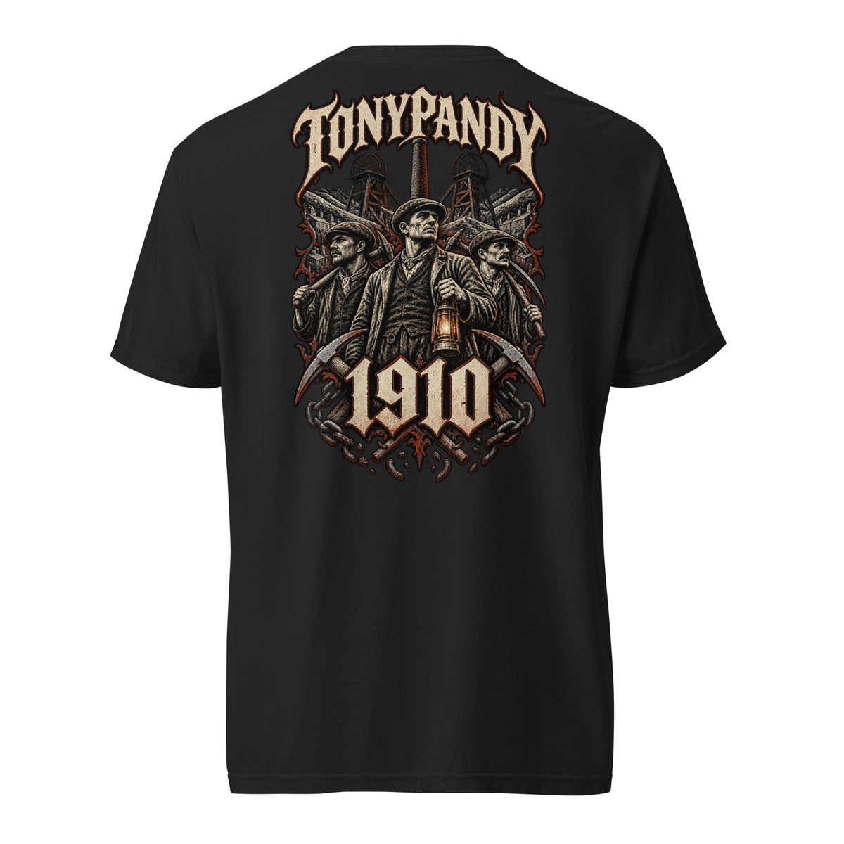 Back view of black Corrupt Couture Tonypandy 1910 heavyweight T-shirt
