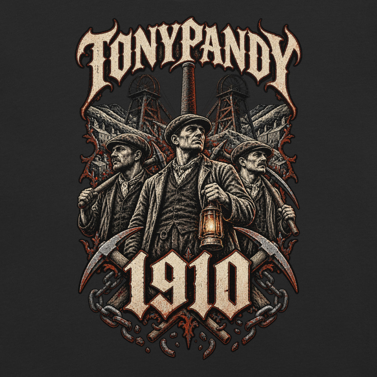 Back view of black Corrupt Couture Tonypandy 1910 heavyweight T-shirt