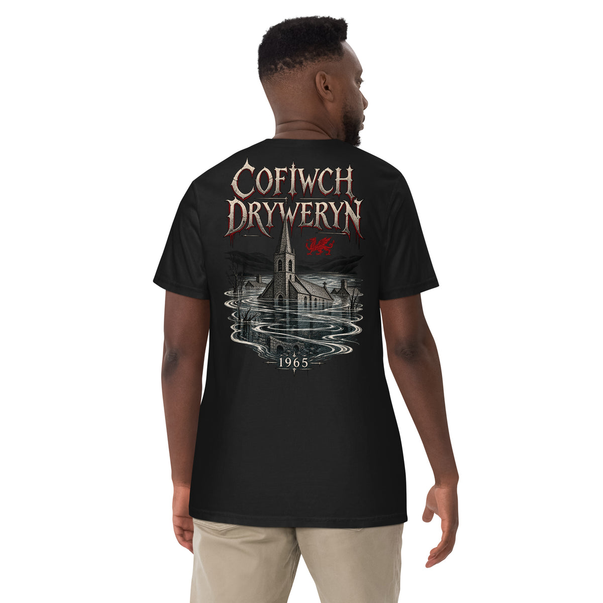 Back view of black Corrupt Couture Cofiwch Dryweryn heavyweight T-shirt