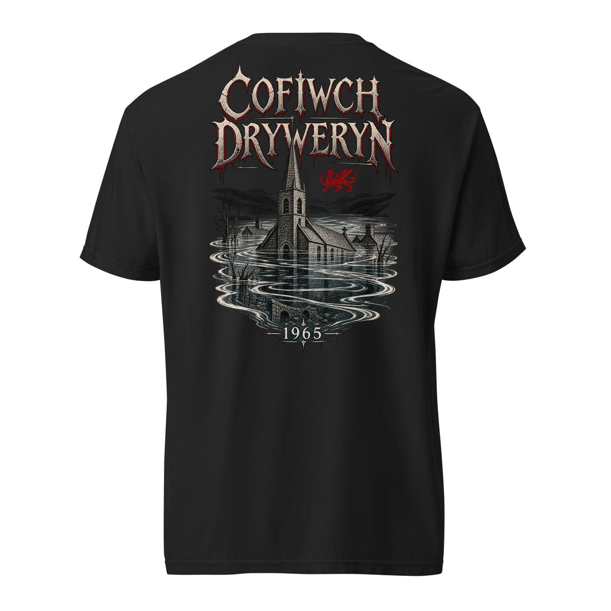 Back view of black Corrupt Couture Cofiwch Dryweryn heavyweight T-shirt