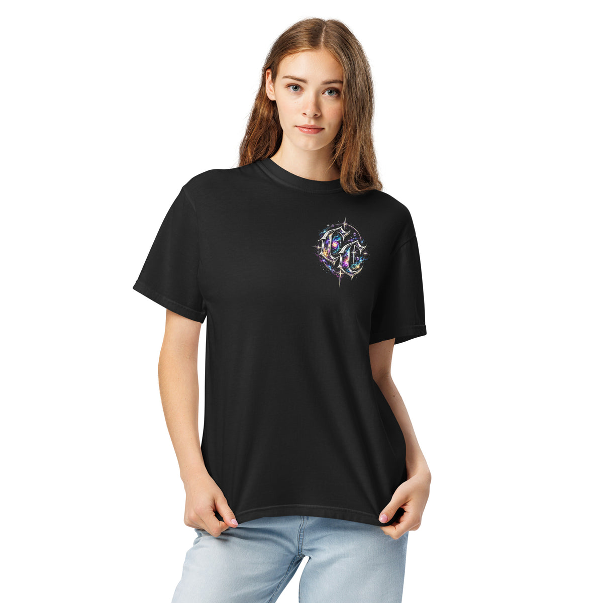 Corrupt Couture Cosmic Unravelling premium heavyweight graphic T-shirt, front view