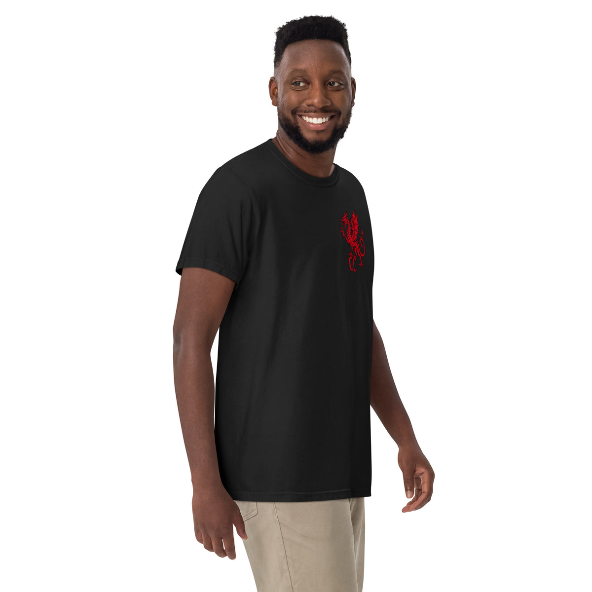 Front view of Pontarfynach black heavyweight T-shirt in the Corrupt Couture Welsh Legends collection