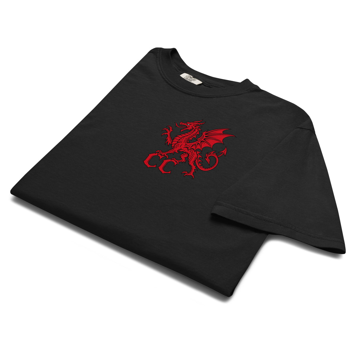 Front view of Pontarfynach black heavyweight T-shirt in the Corrupt Couture Welsh Legends collection