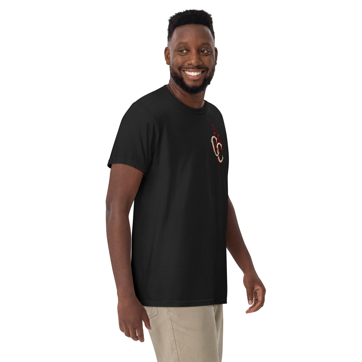 Front-view mockup of Twrch Trwyth black heavyweight T-shirt from Corrupt Couture's Mabinogion collection