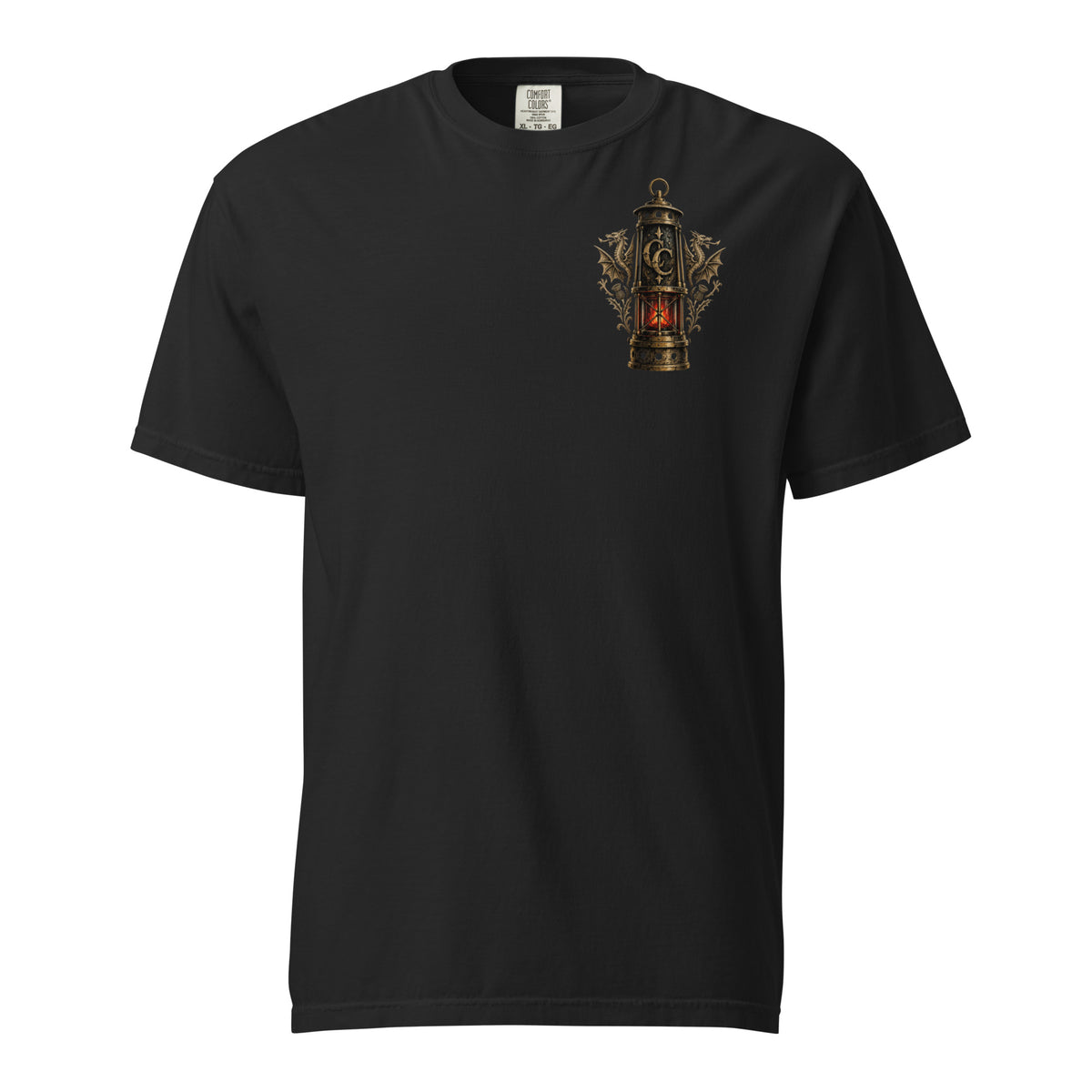 Front view of black Corrupt Couture Tonypandy 1910 heavyweight T-shirt