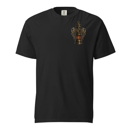 Front view of black Corrupt Couture Tonypandy 1910 heavyweight T-shirt