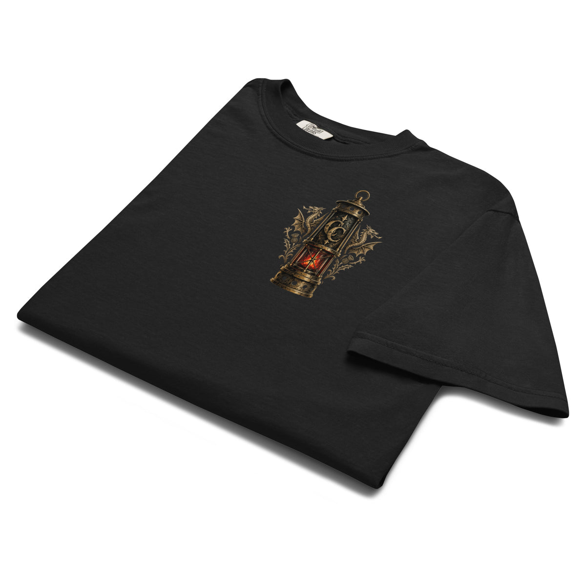 Front view of black Corrupt Couture Tonypandy 1910 heavyweight T-shirt