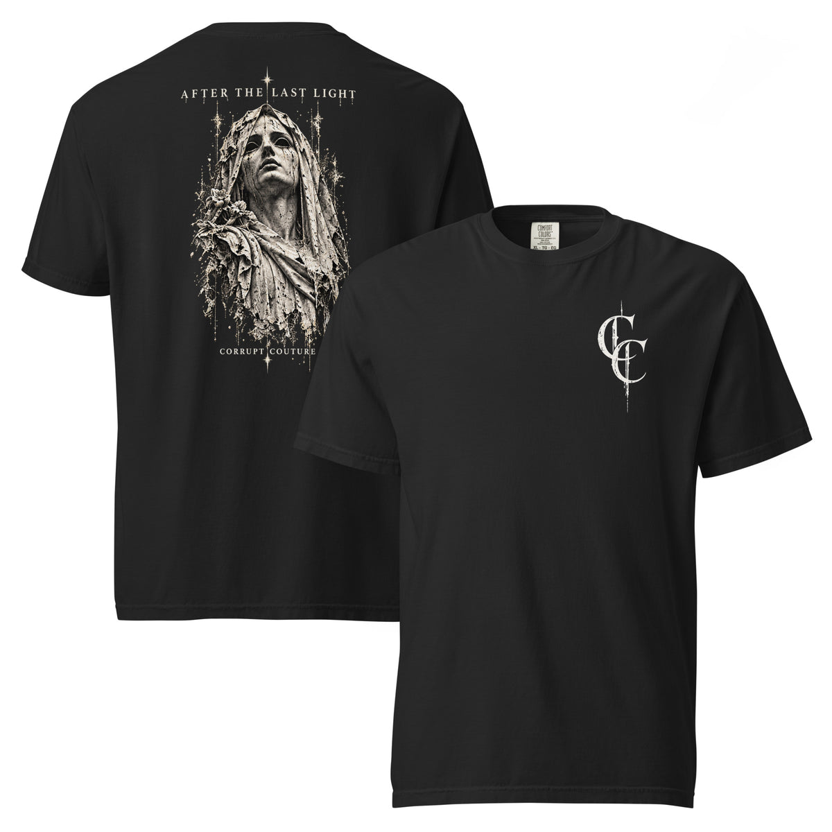 After the Last Light premium heavyweight black T-shirt, front and back comparison