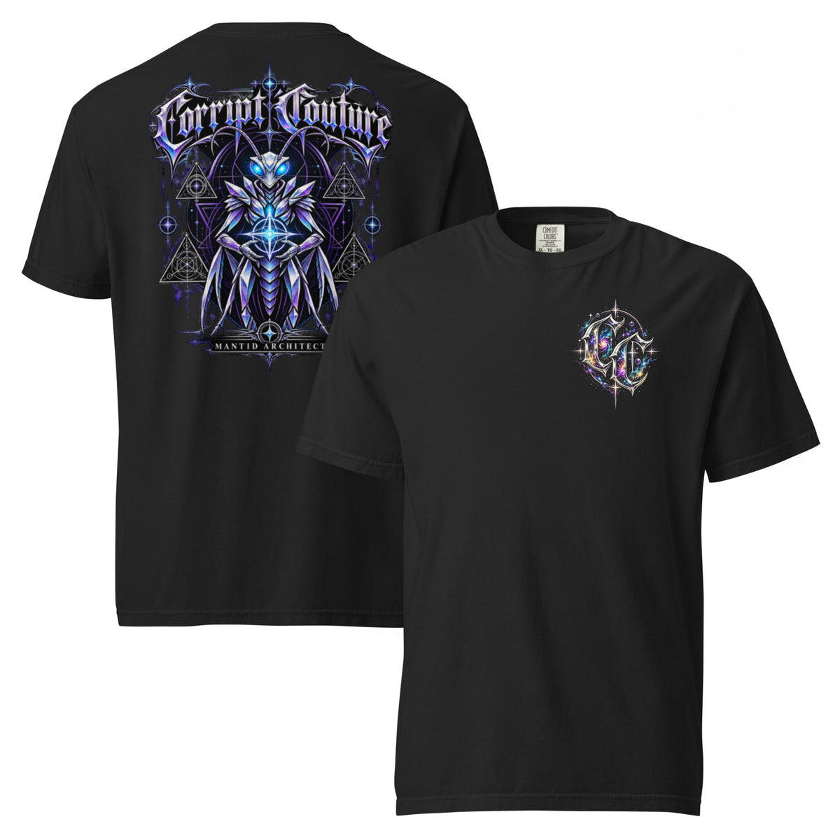 Corrupt Couture Mantid Architect premium heavyweight graphic T-shirt, front view