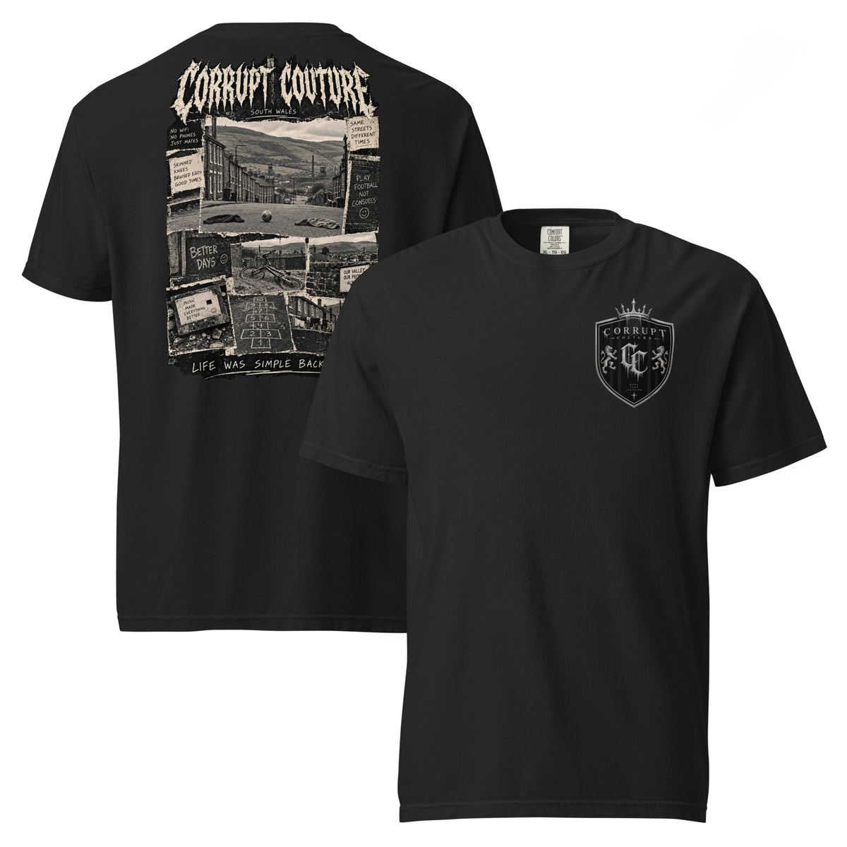 Front view of black Corrupt Couture Better Times heavyweight T-shirt