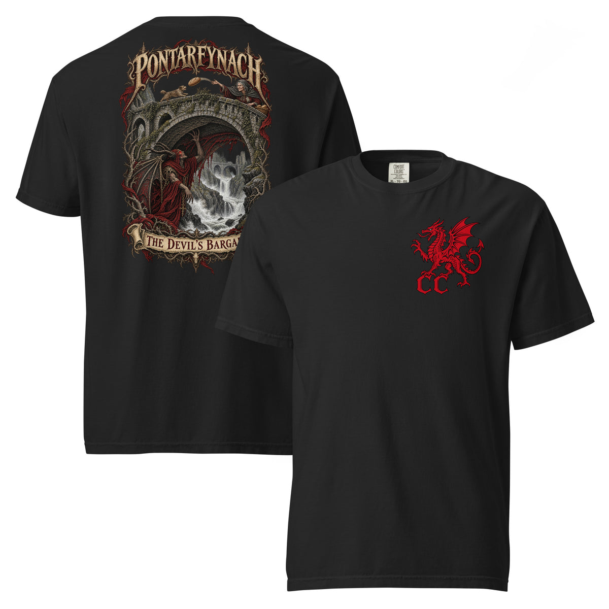 Front view of Pontarfynach black heavyweight T-shirt in the Corrupt Couture Welsh Legends collection