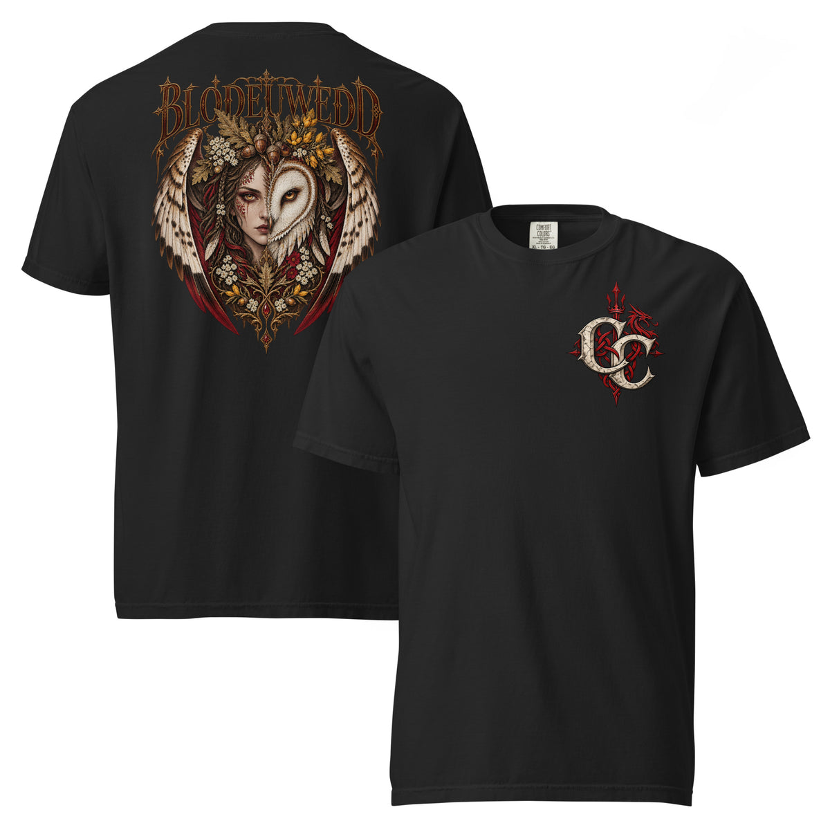 Front-view mockup of Blodeuwedd black heavyweight T-shirt from Corrupt Couture's Mabinogion collection