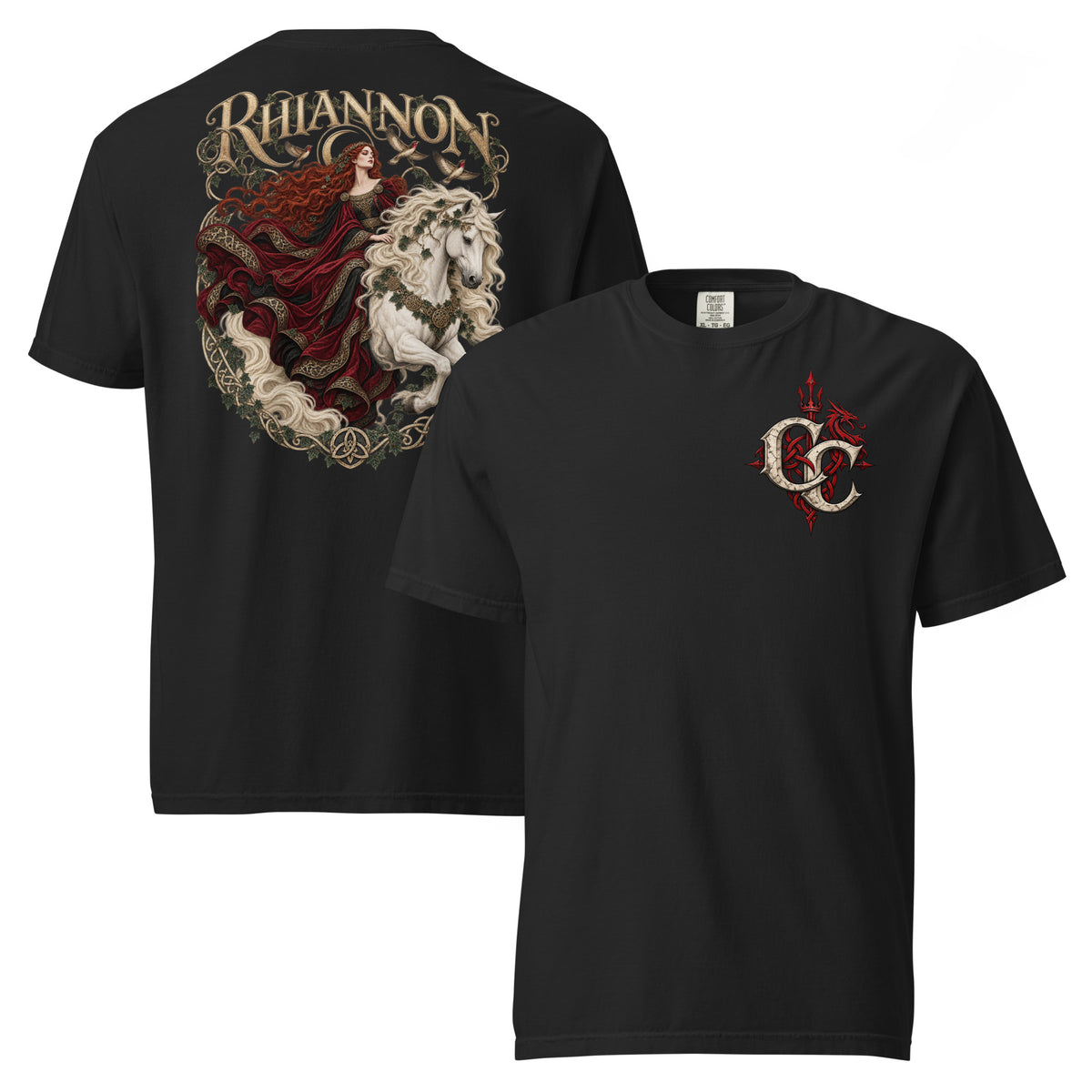 Front-view mockup of Rhiannon black heavyweight T-shirt from Corrupt Couture's Mabinogion collection