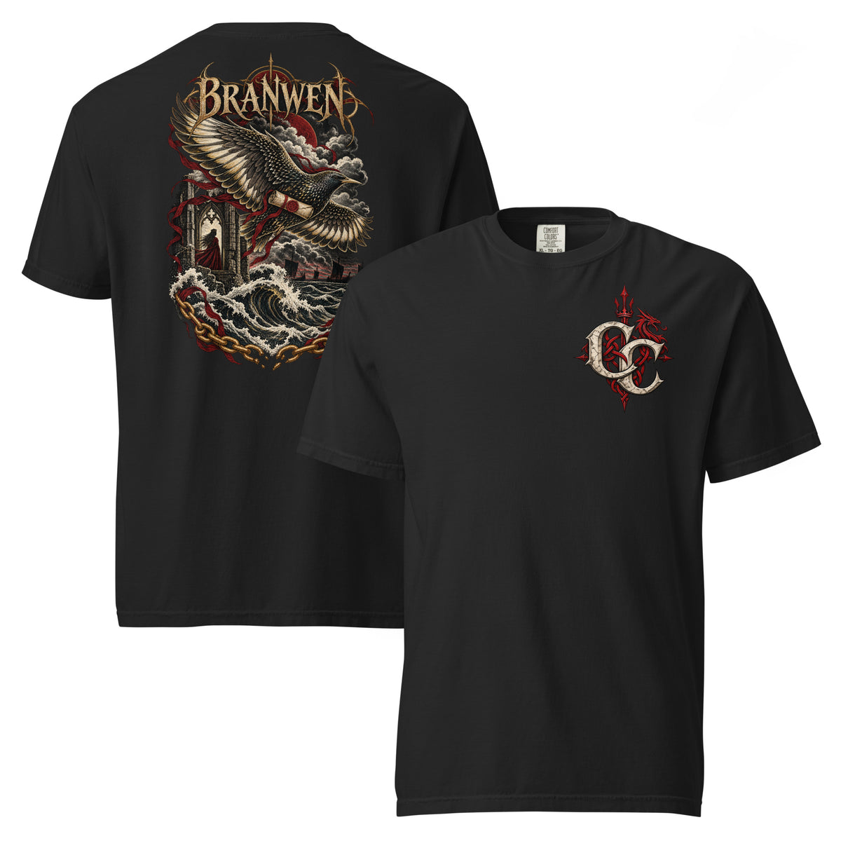 Front-view mockup of Branwen black heavyweight T-shirt from Corrupt Couture's Mabinogion collection