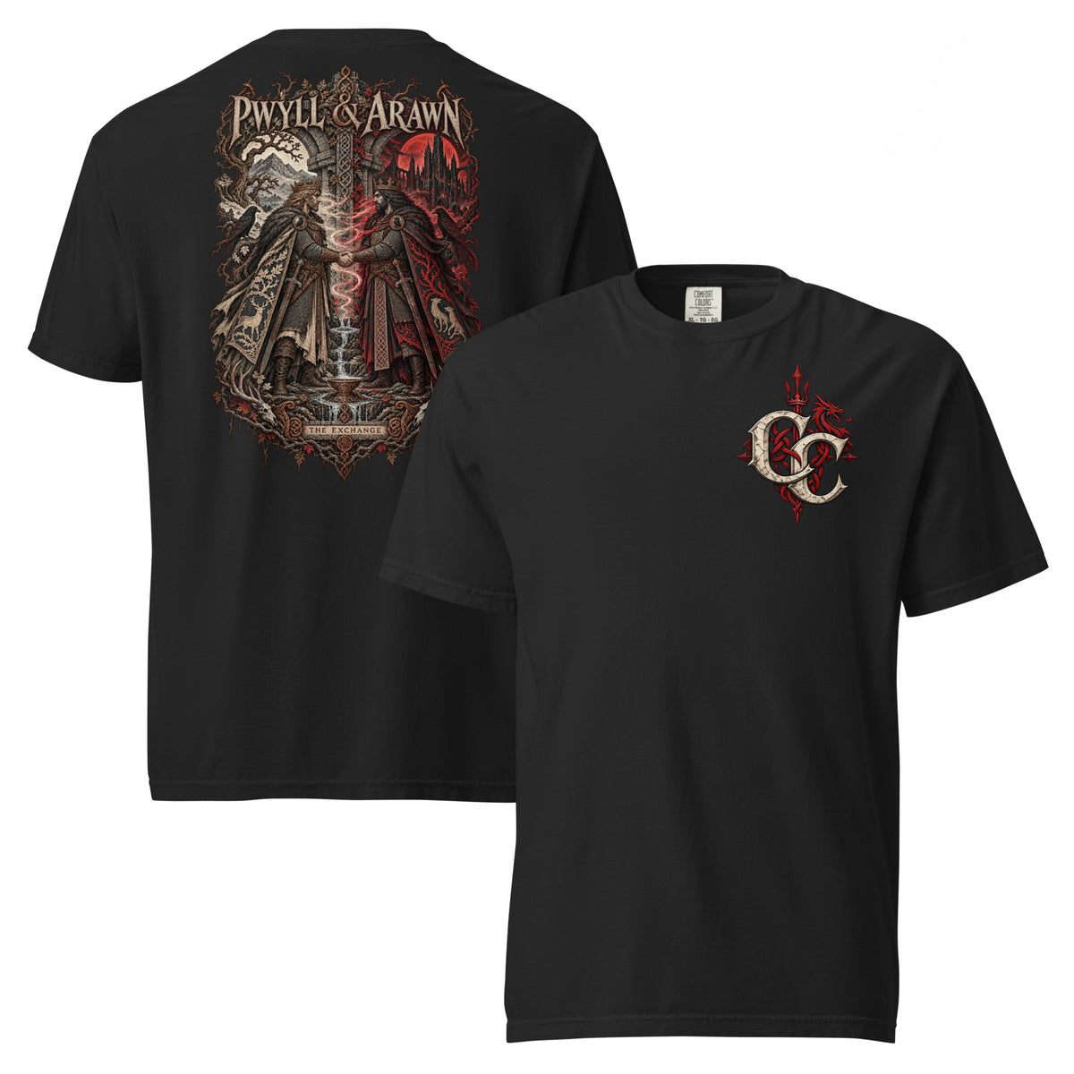 Front-view mockup of Pwyll & Arawn black heavyweight T-shirt from Corrupt Couture's Mabinogion collection