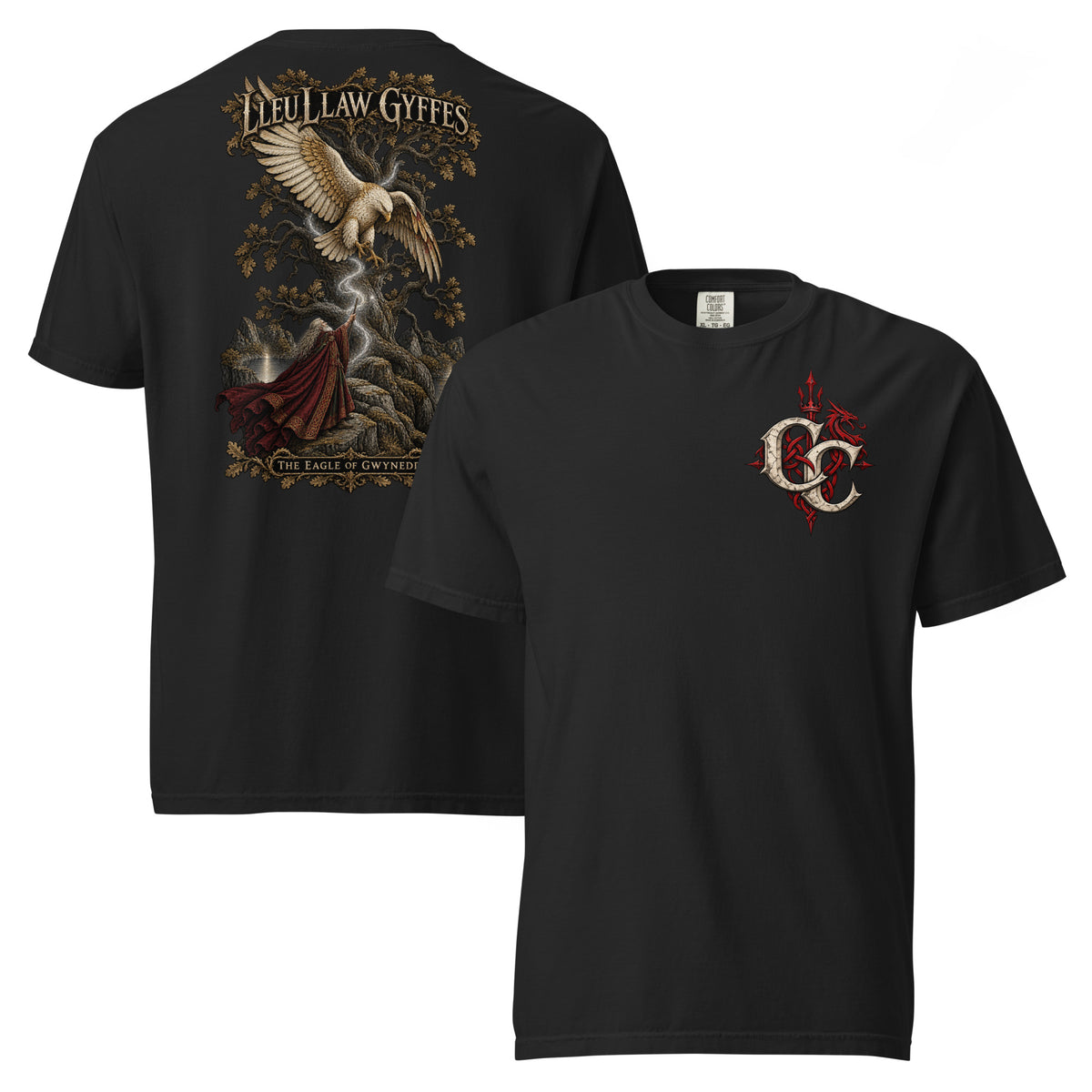 Front-view mockup of Lleu Llaw Gyffes black heavyweight T-shirt from Corrupt Couture's Mabinogion collection