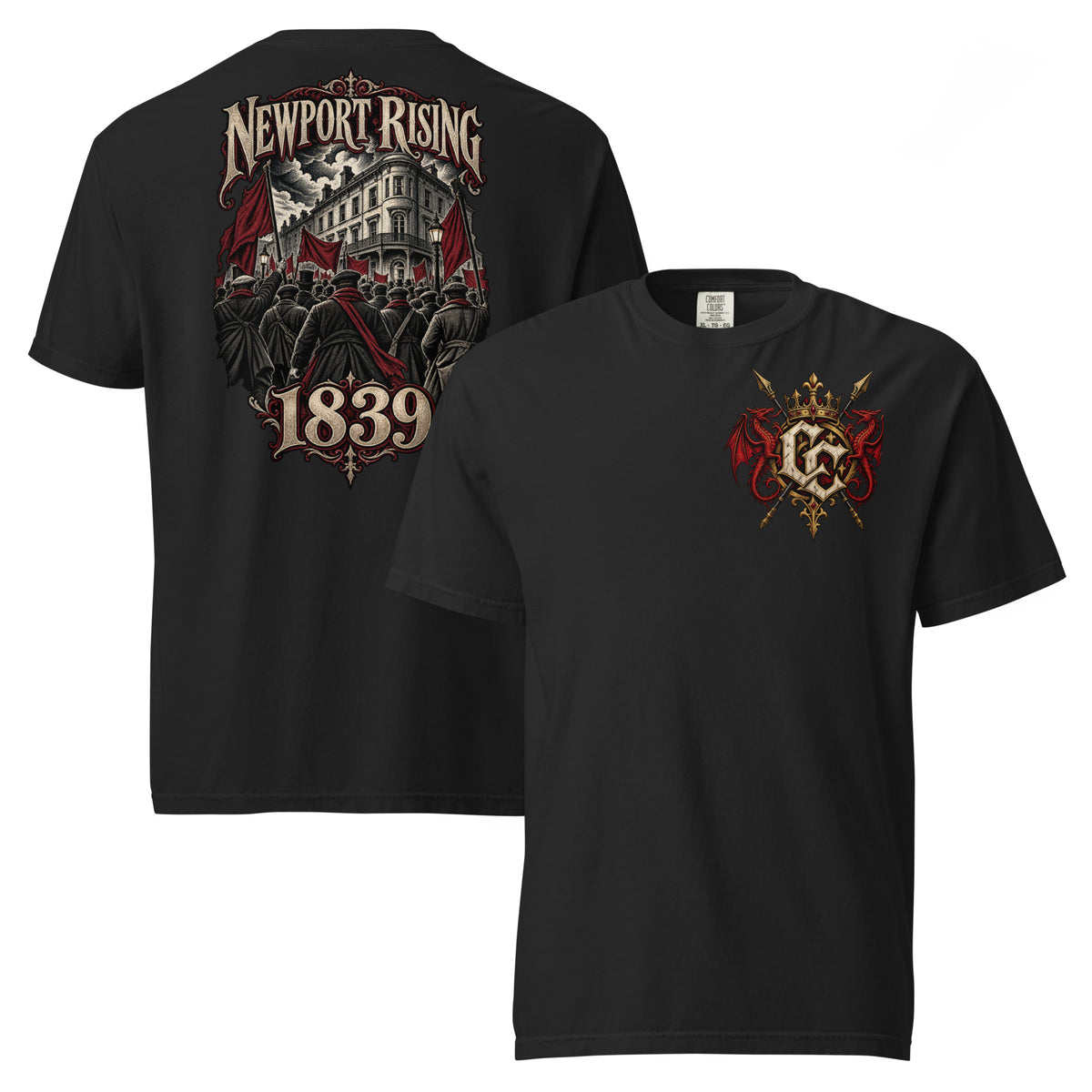 Front view of black Corrupt Couture Newport Rising heavyweight T-shirt
