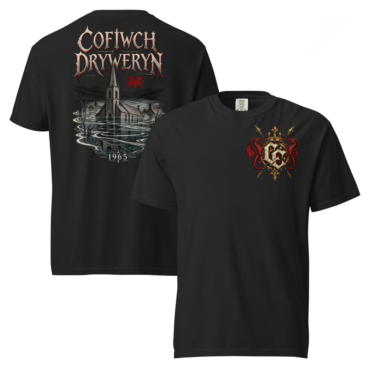 Front view of black Corrupt Couture Cofiwch Dryweryn heavyweight T-shirt