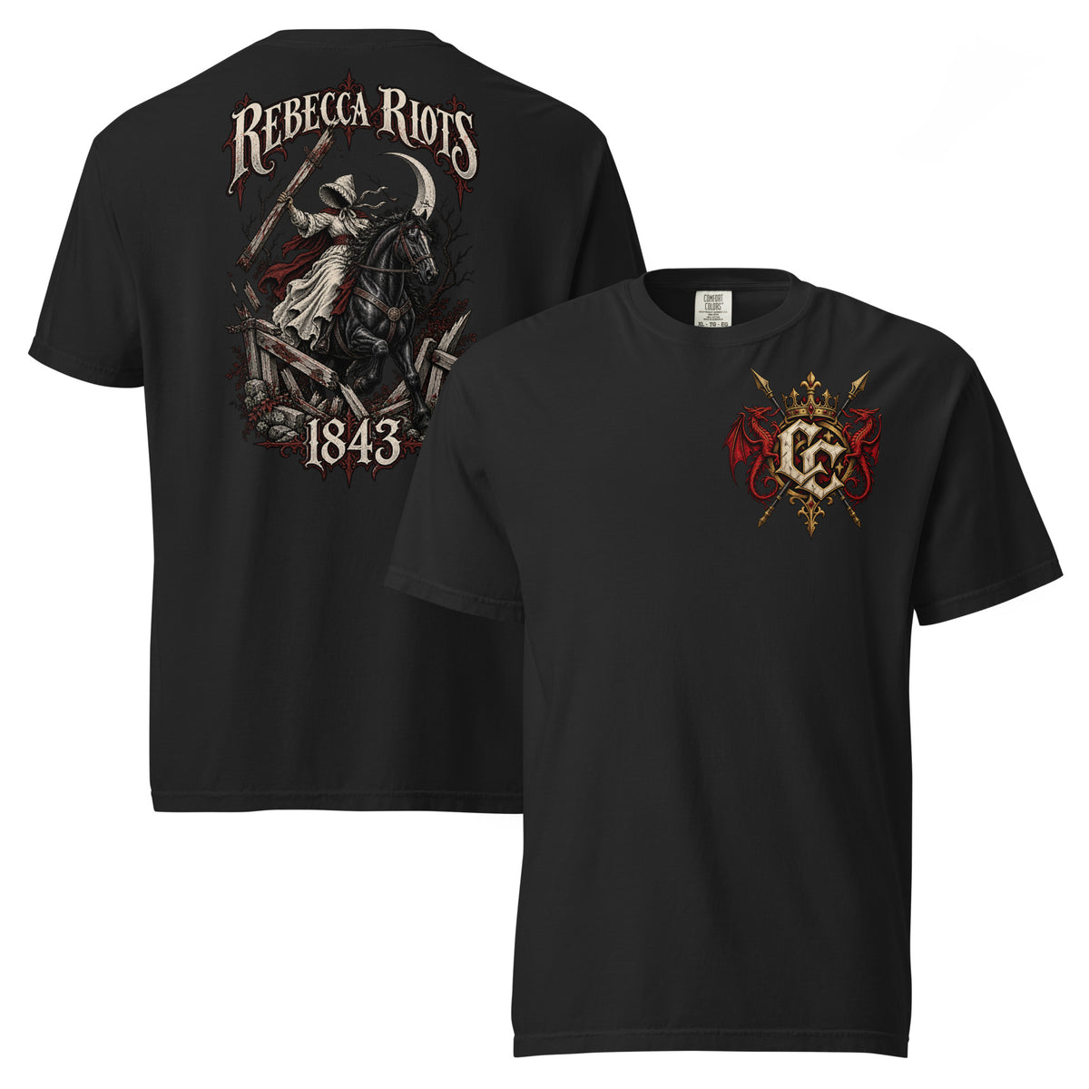 Front view of black Corrupt Couture Rebecca Riots heavyweight T-shirt