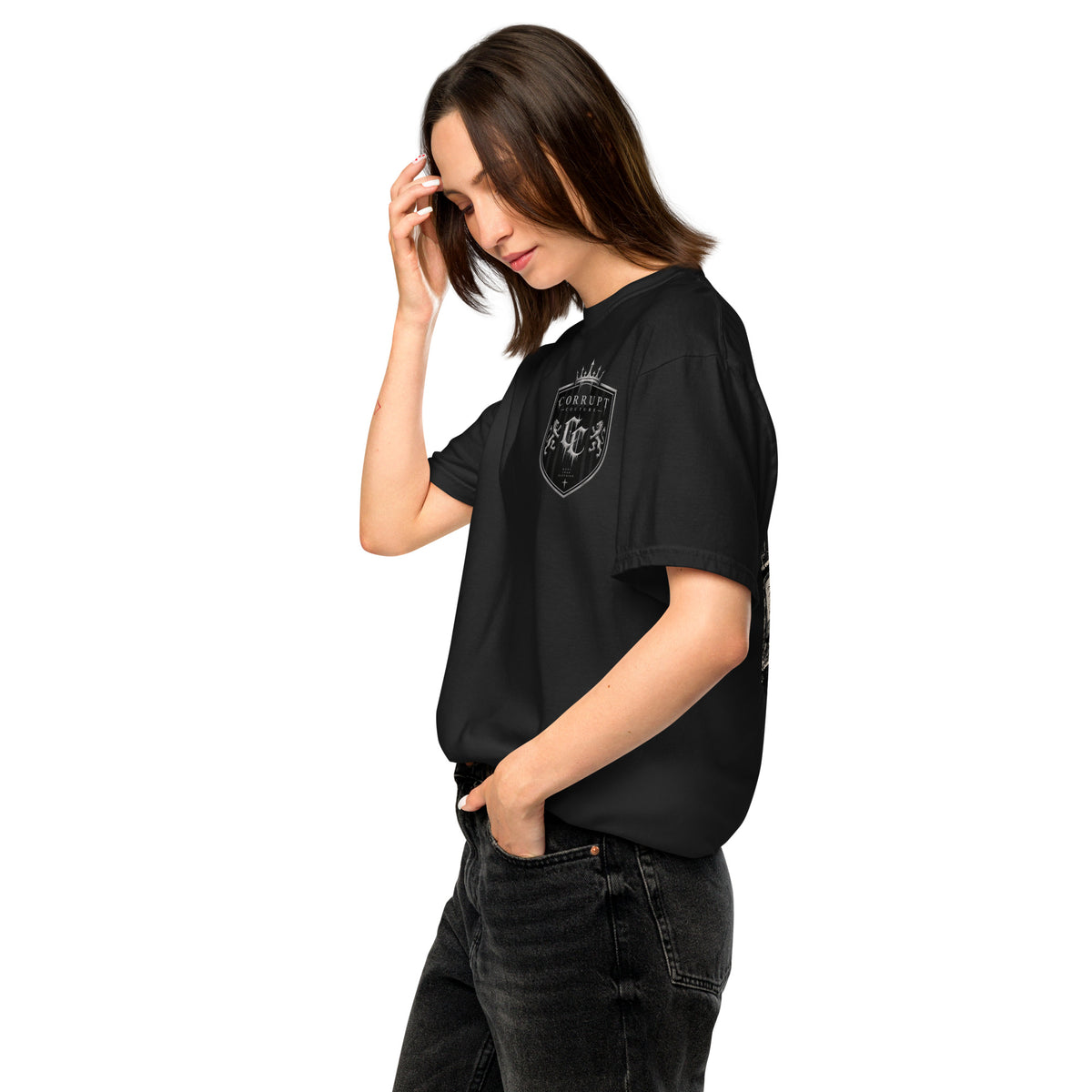 Left-side view of black Corrupt Couture Better Times heavyweight T-shirt
