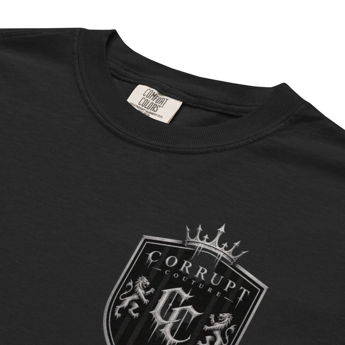 Additional fabric and garment detail of black Corrupt Couture Better Times heavyweight T-shirt