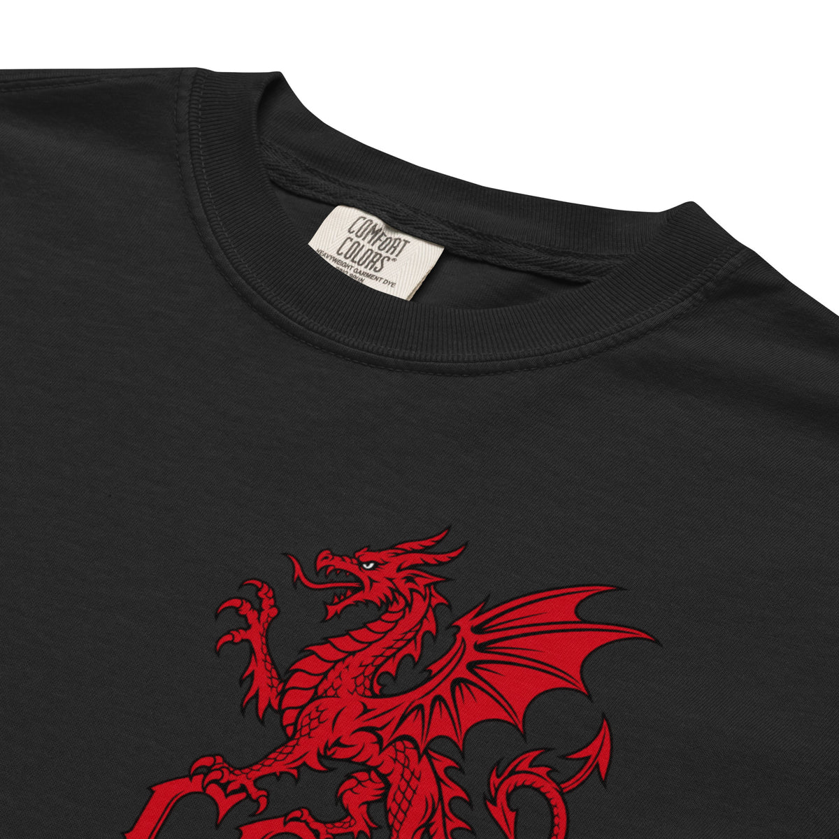 Additional garment detail of Pontarfynach black heavyweight T-shirt in the Corrupt Couture Welsh Legends collection
