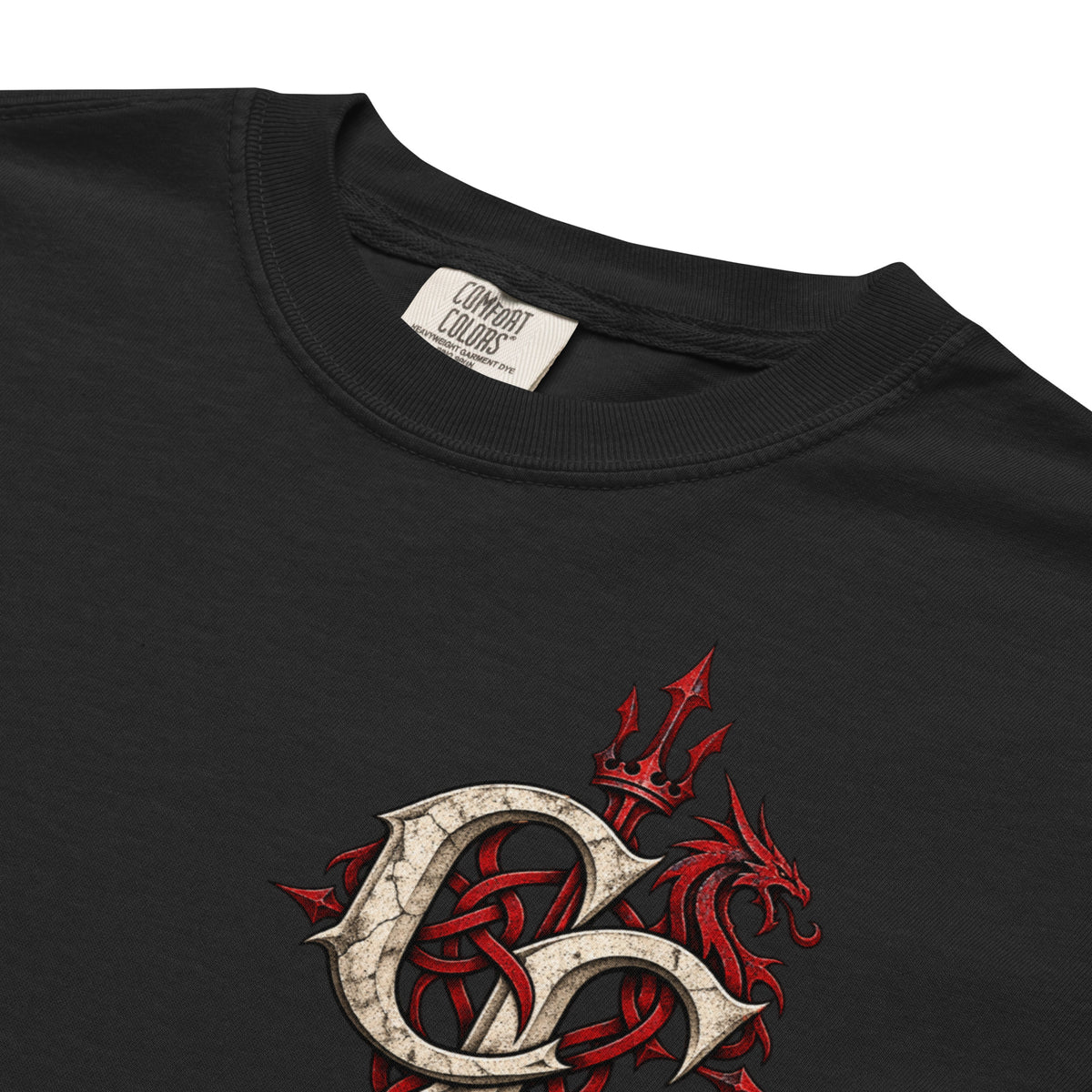 Additional garment detail of Pwyll & Arawn black heavyweight T-shirt from Corrupt Couture's Mabinogion collection
