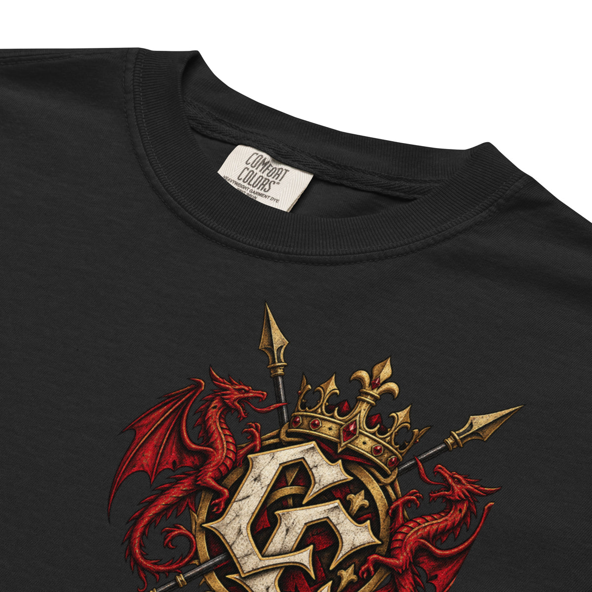 Additional fabric and garment detail of black Corrupt Couture Newport Rising heavyweight T-shirt