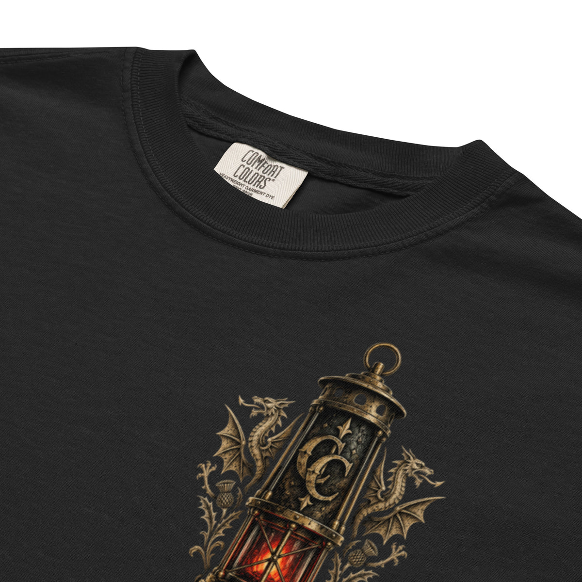 Additional fabric and garment detail of black Corrupt Couture Tonypandy 1910 heavyweight T-shirt