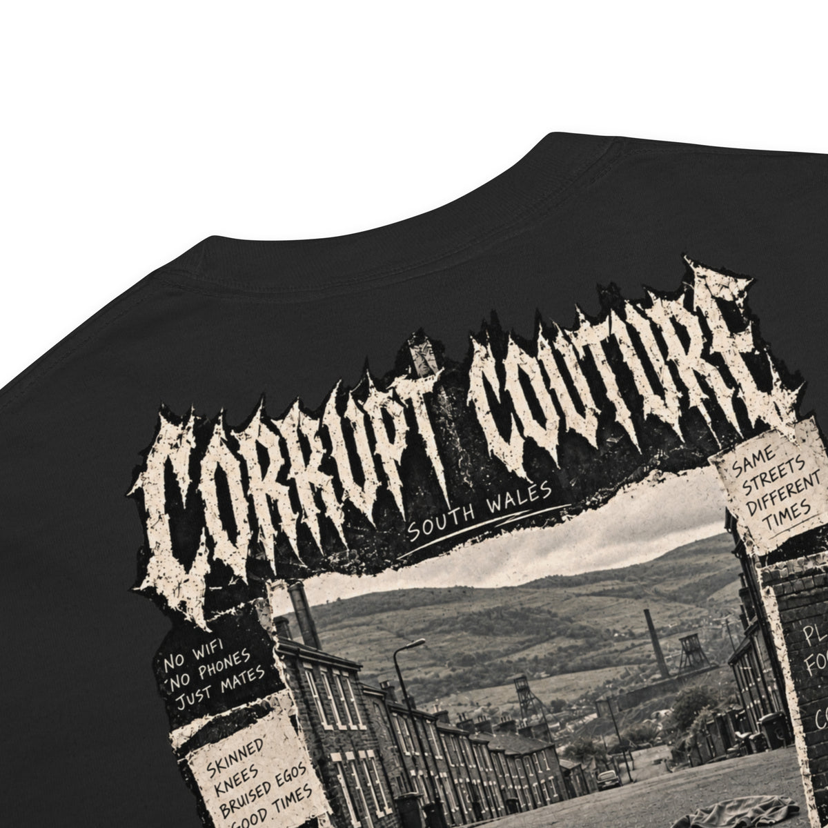 Fabric and garment detail of black Corrupt Couture Better Times heavyweight T-shirt