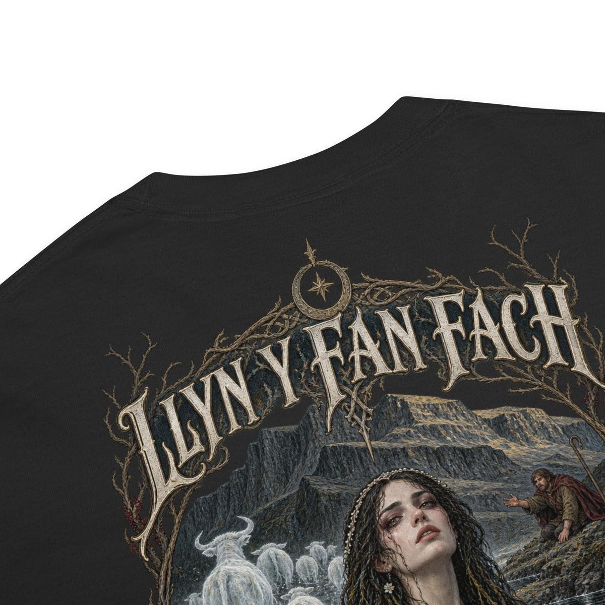 Garment detail of Llyn y Fan Fach black heavyweight T-shirt in the Corrupt Couture Welsh Legends collection