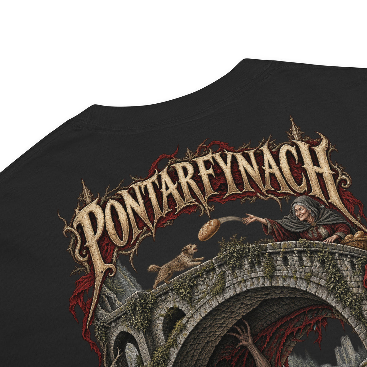 Garment detail of Pontarfynach black heavyweight T-shirt in the Corrupt Couture Welsh Legends collection