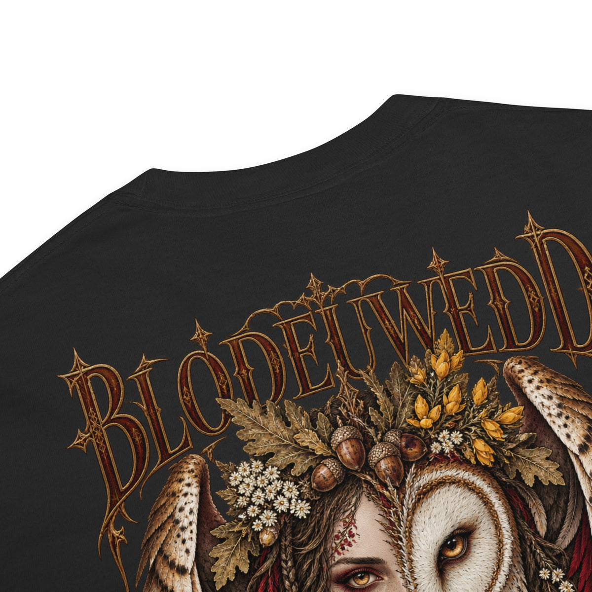 Garment detail of Blodeuwedd black heavyweight T-shirt from Corrupt Couture's Mabinogion collection