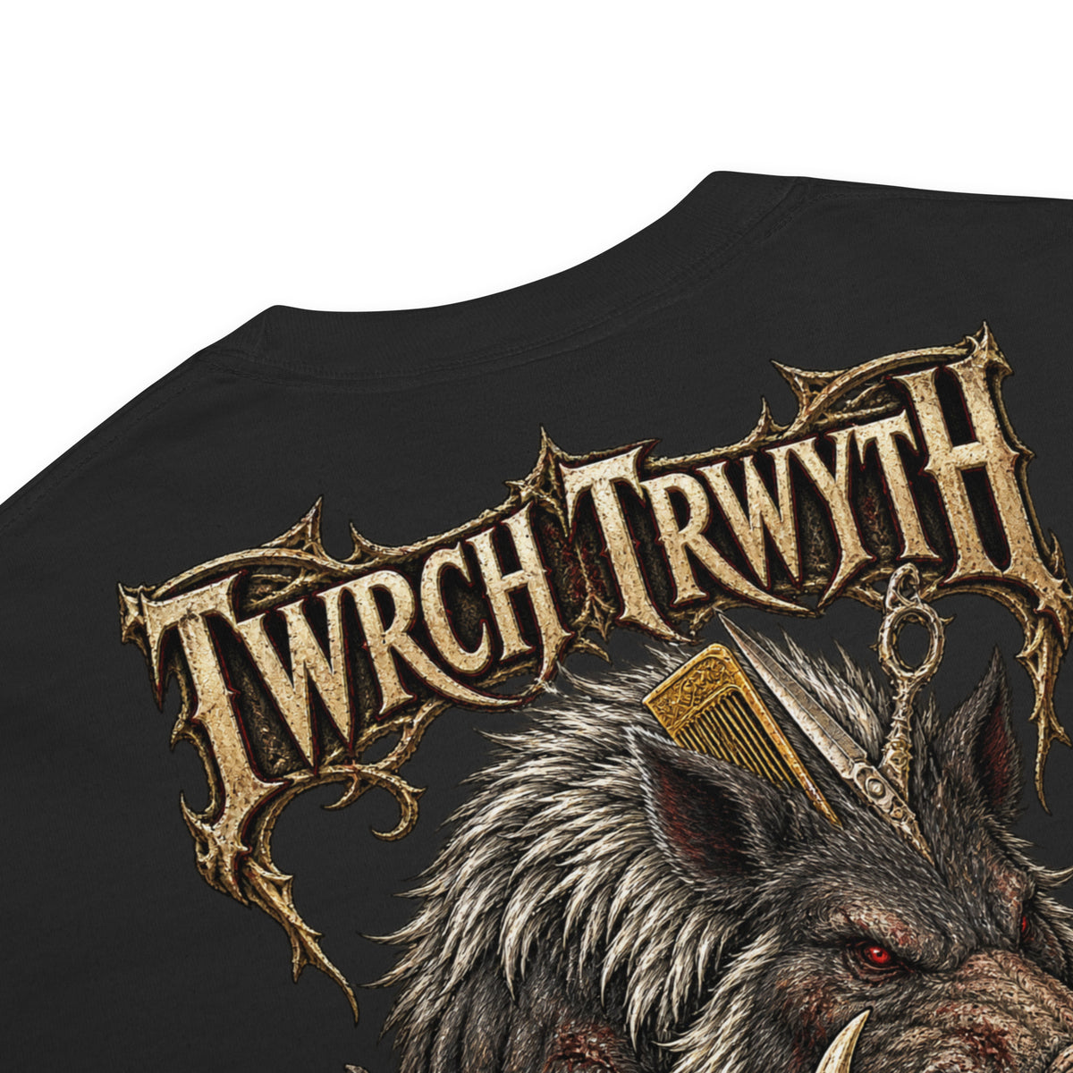 Garment detail of Twrch Trwyth black heavyweight T-shirt from Corrupt Couture's Mabinogion collection