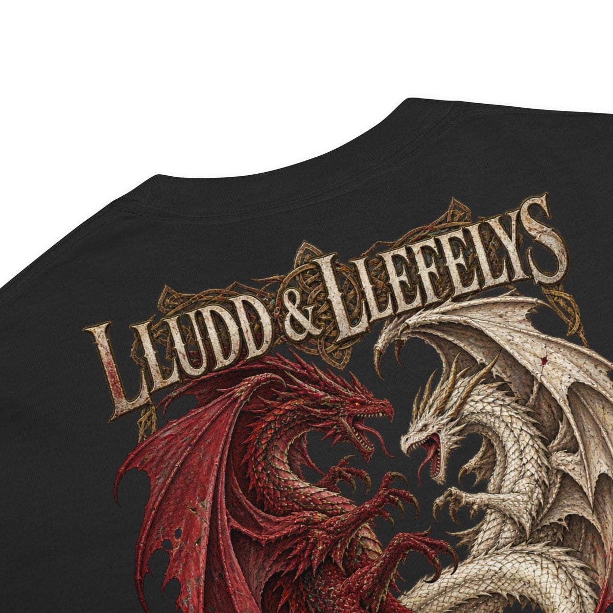 Garment detail of Lludd & Llefelys black heavyweight T-shirt from Corrupt Couture's Mabinogion collection