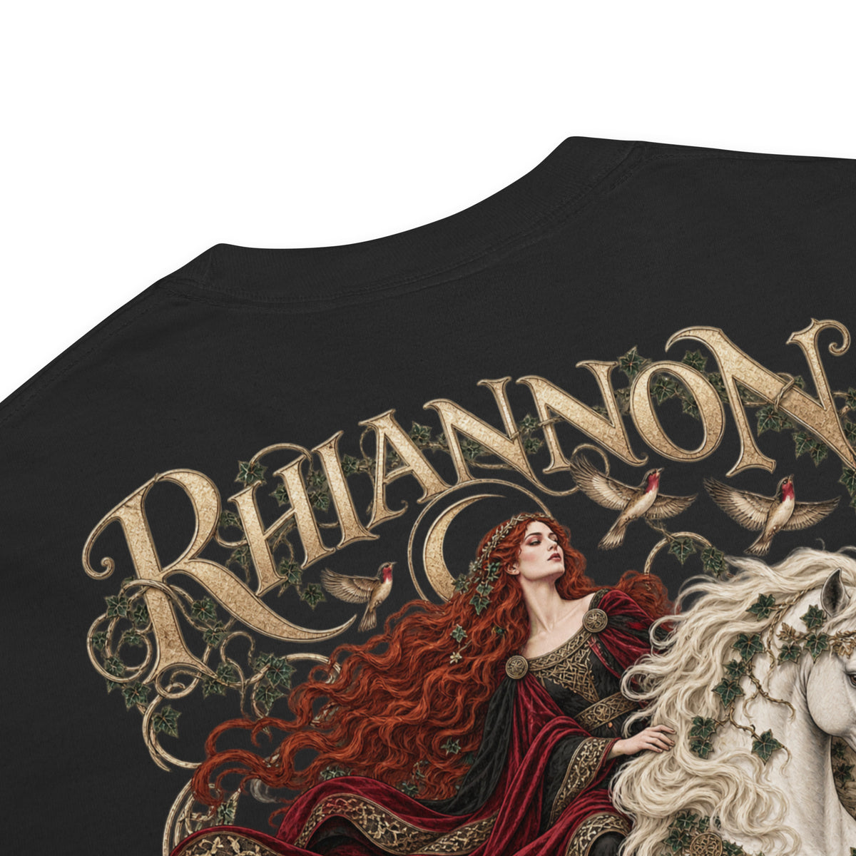 Garment detail of Rhiannon black heavyweight T-shirt from Corrupt Couture's Mabinogion collection