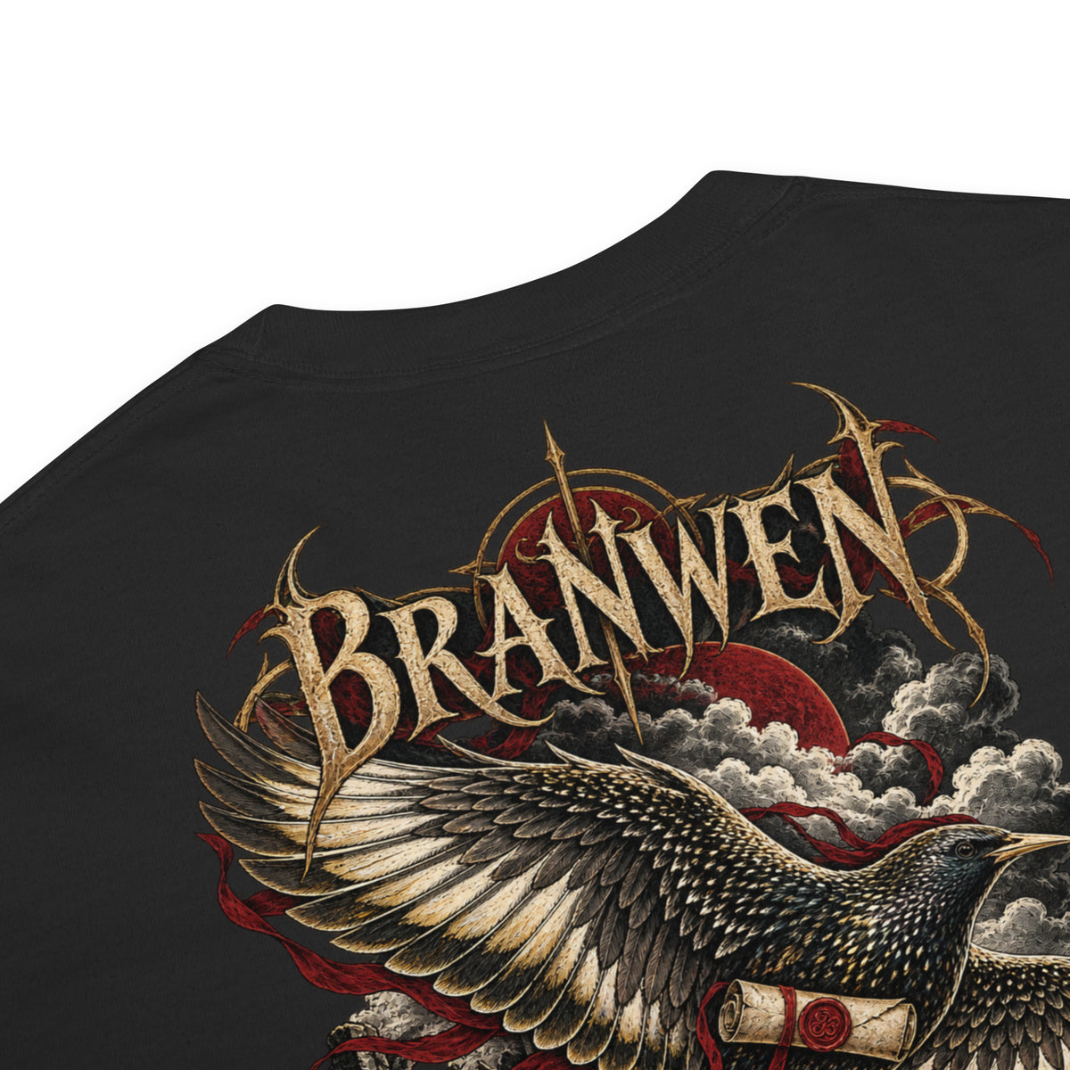 Garment detail of Branwen black heavyweight T-shirt from Corrupt Couture's Mabinogion collection
