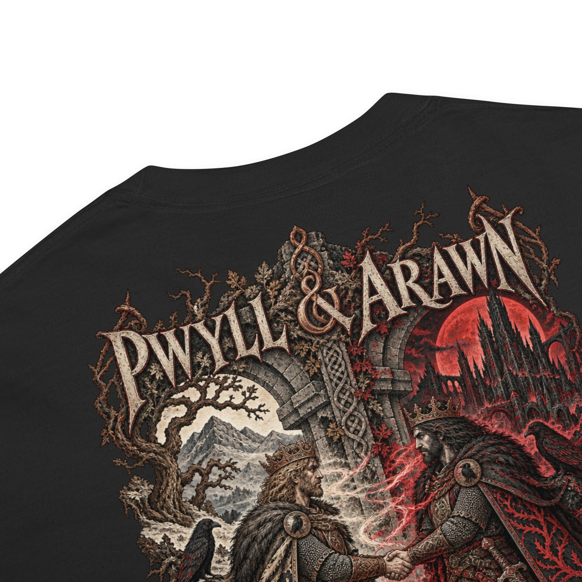 Garment detail of Pwyll & Arawn black heavyweight T-shirt from Corrupt Couture's Mabinogion collection