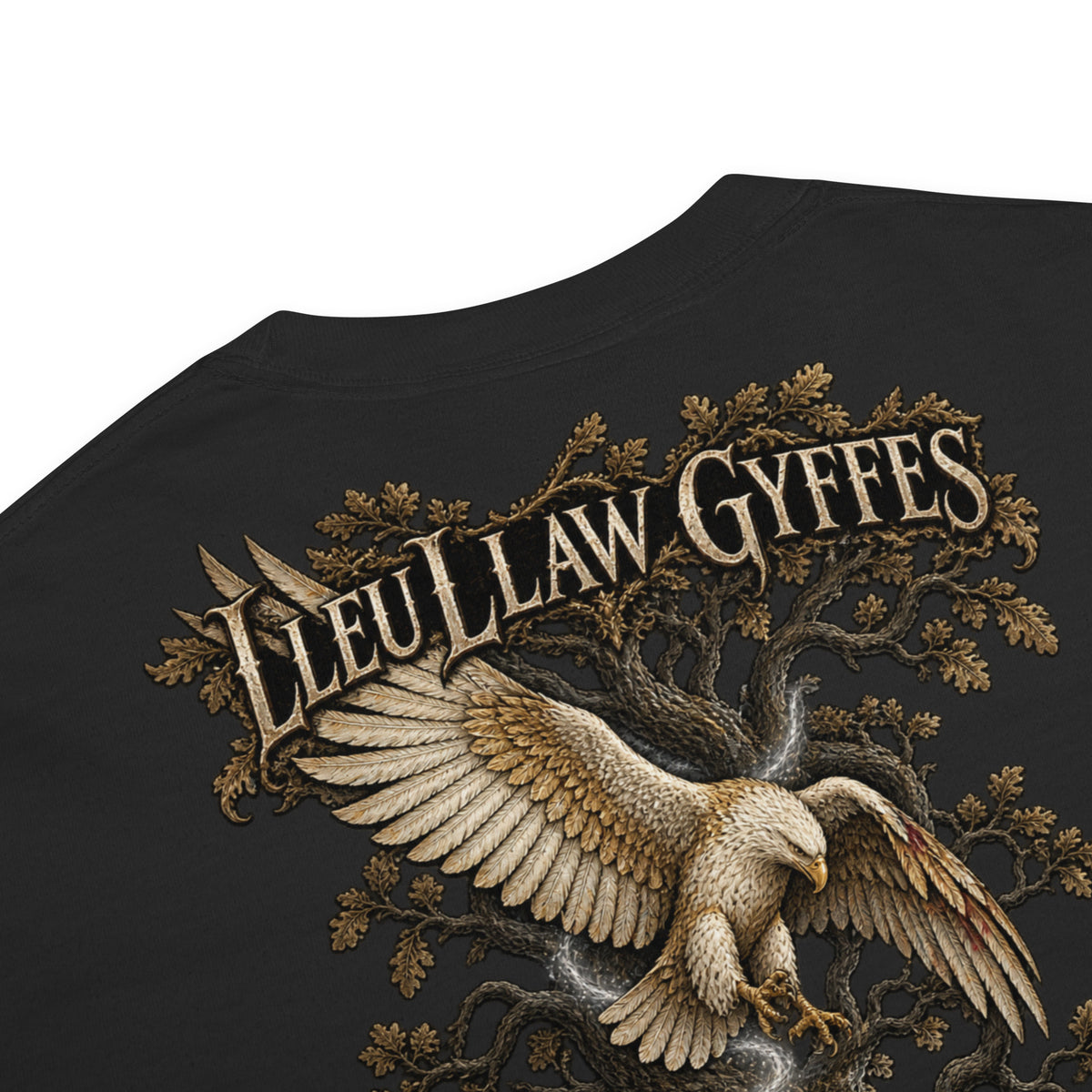 Garment detail of Lleu Llaw Gyffes black heavyweight T-shirt from Corrupt Couture's Mabinogion collection