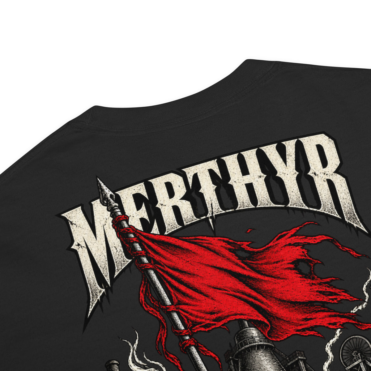 Fabric and garment detail of black Corrupt Couture Merthyr Rising heavyweight T-shirt