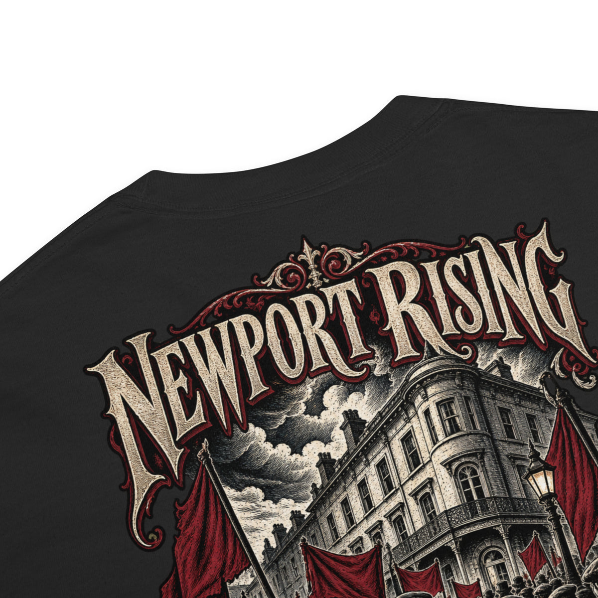 Fabric and garment detail of black Corrupt Couture Newport Rising heavyweight T-shirt