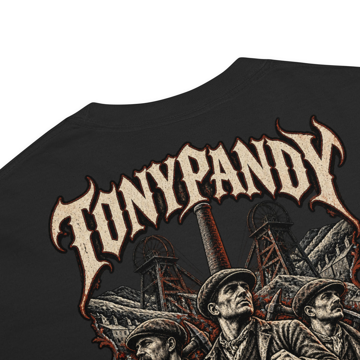 Fabric and garment detail of black Corrupt Couture Tonypandy 1910 heavyweight T-shirt