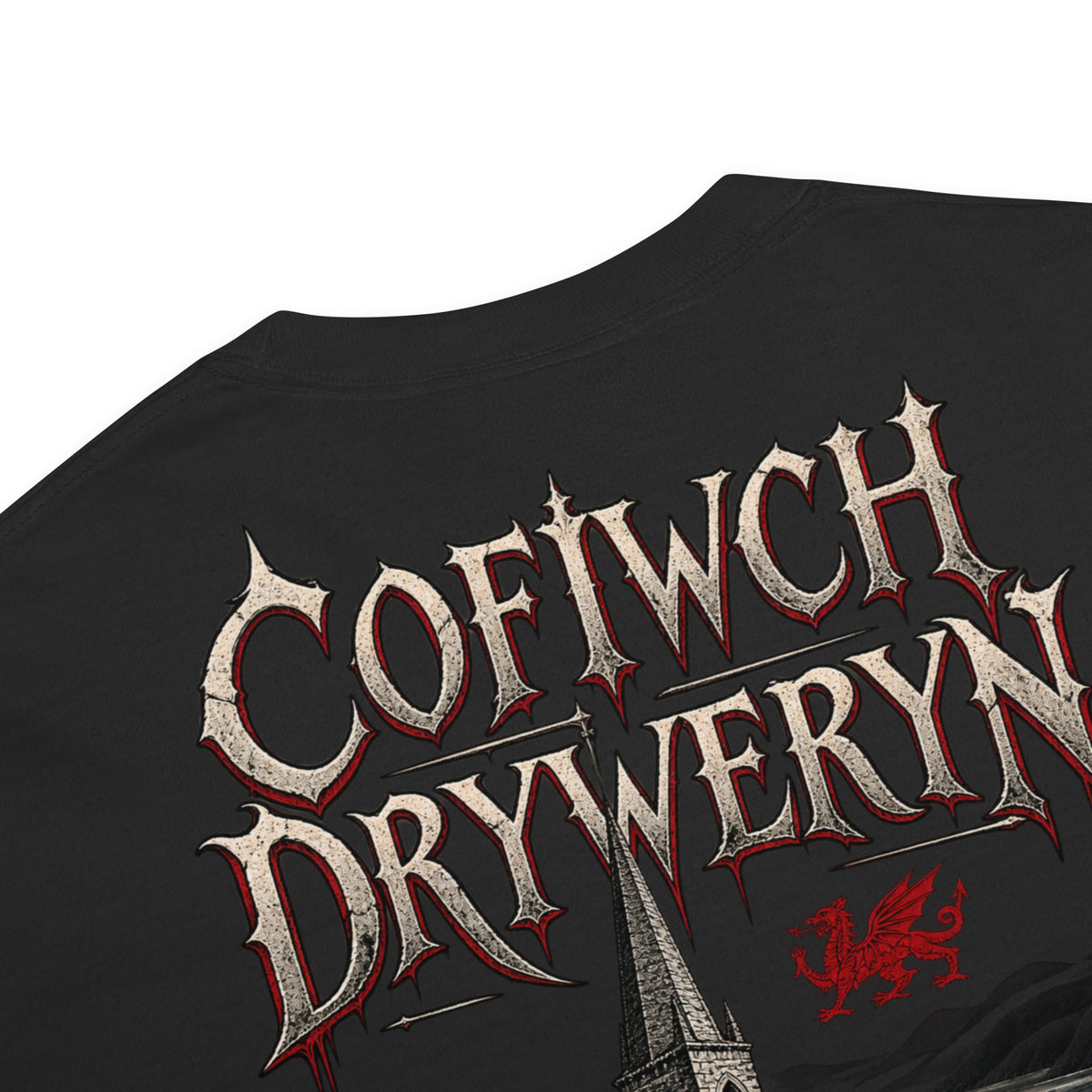 Fabric and garment detail of black Corrupt Couture Cofiwch Dryweryn heavyweight T-shirt